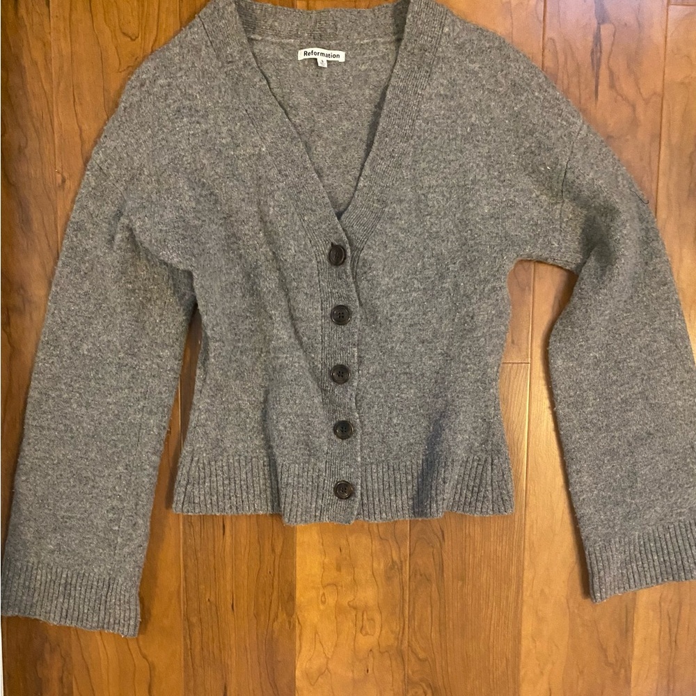 Reformation Gray Button-Front Wool Blend Cardigan